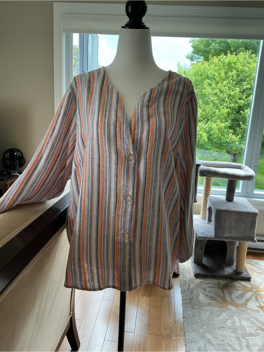 cleo Striped Button-Front Top in Orange and Gray